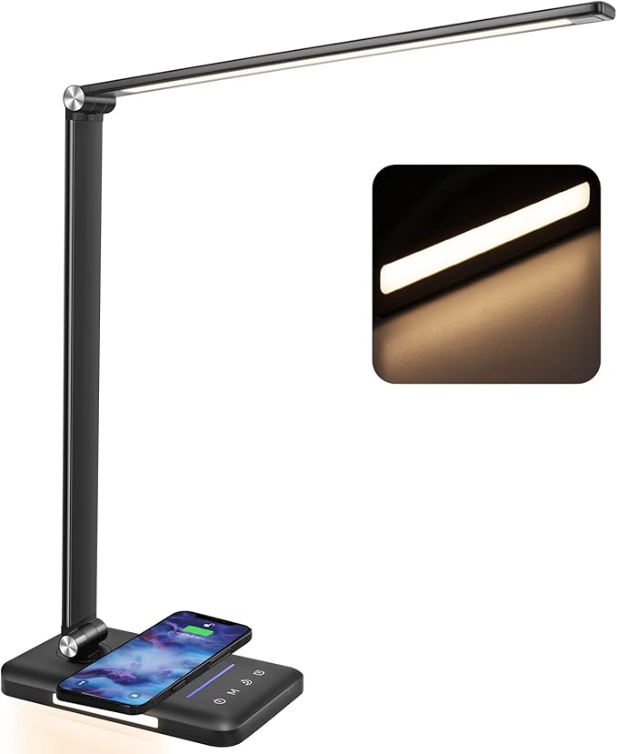 LED Desk Lamp with Night Light, Fast Wireless Charger, USB Charging Port, 10 Brightness, 5 Color Modes, Dimmable Bedside Table Lamp for Bedroom, Touch Control, Auto Timer, 1200Lux Super Bright