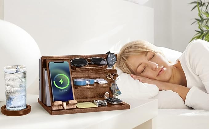 Wood Phone Docking Station - Wood Charging Station Organizer Stand, Bedside Nightstand Organizer for Men and Women, Holds Phone, Tablet, Keys, Glasses, EDC and More