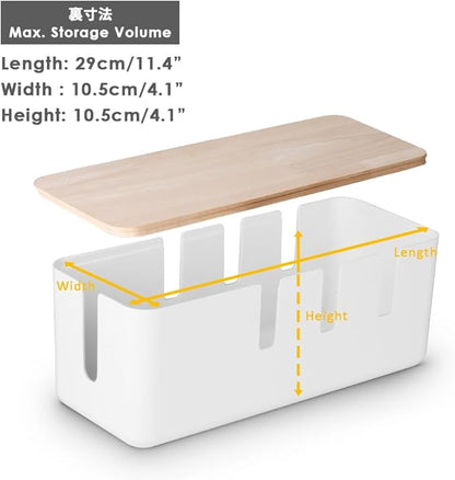 Cable Management Box by Baskiss, 12x5x4.5 inches, Wood Lid, Cord Organizer for Desk TV Computer USB Hub System to Cover and Hide & Power Strips & Cords