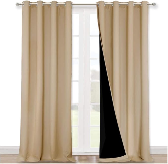 NICETOWN Thermal Insulated 100% Blackout Curtains, Noise Reducing Performance Drapes with Black Lining, Full Light Blocking Drapery Panels for Patio (Biscotti Beige, 1 Pair, 52 inches x 95 inches)