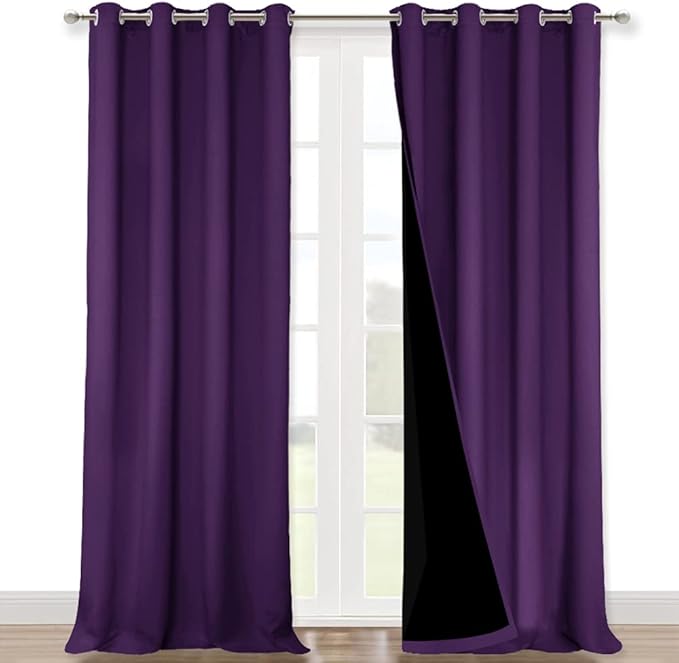 NICETOWN 100% Blackout Curtains with Black Liner Backing, Thermal Insulated Curtains for Living Room, Noise Reducing Drapes, Royal Purple, 52" Wide x 120" Long Per Panel, Set of 2 Panels