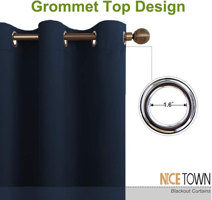 NICETOWN Blackout Curtains and Drapes for Kitchen - Thermal Insulated Solid Grommet Top Blackout Panels/Draperies for Kid's Room (Navy, 1 Pair, 52 x 63 Inch)