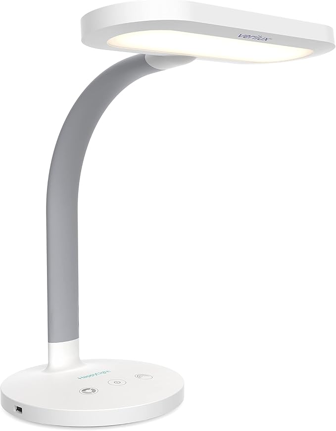 Verilux HappyLight Duo - 2-in-1 Light Therapy & Task Desk Lamp - UV-Free Full Spectrum LED, 10,000 LUX, Adjustable Brightness and Color, Flexible Gooseneck, and Integrated USB Charging Port