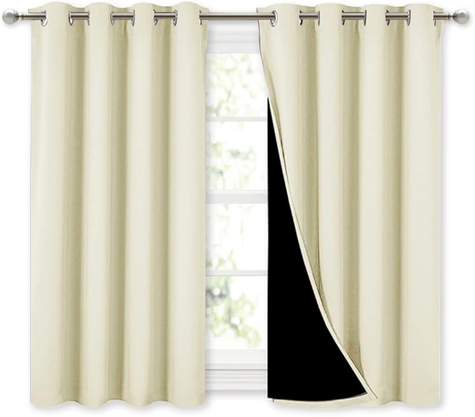 NICETOWN Room Warming Curtains, Bedroom Full Blackout Panels, Super Thick Insulated Window Covers, Complete Blackout Draperies with Black Liner for Short Window (Beige, Set of 2, 52 by 45-inch)