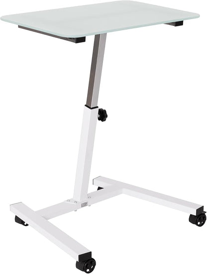 Seville Classics Airlift Mobile Height Adjustable Laptop Stand Computer Workstation for Sitting Classroom Home Office Medical Table w/Wheels, Tempered Glass (24"), White