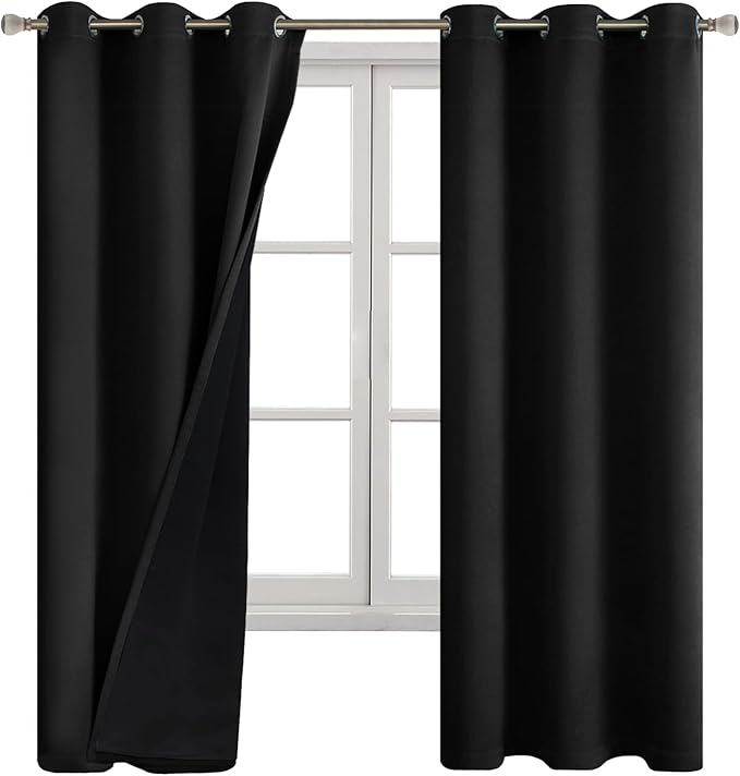 Black Blackout Curtains for Bedroom 63 Inch Length 2 Panels, Dark Bedroom Curtains Thermal Insulated 100% Room Darkening Light Blocking Soundproof Grommet Window Curtains, Each 42 Inch Wide