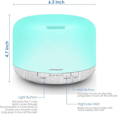 URPOWER 500ml Essential Oil Diffuser, Aromatherapy Diffusers for Essential Oils with Adjustable Mist Mode/4 Timer Settings Large Room Cool Mist Humidifier Air Diffuser for Home Office Study Yoga Spa