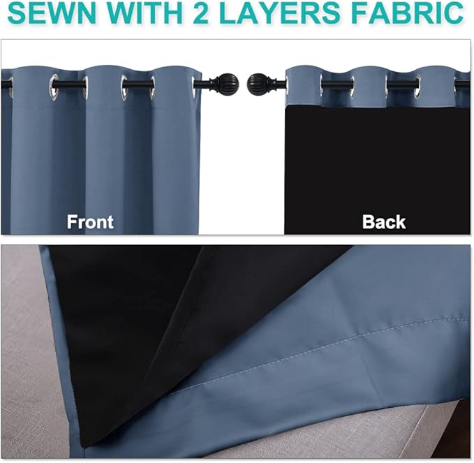 NICETOWN Complete 100% Blackout Curtain Set, Stone Blue, 42W x 80L, 1 PC, Thermal Insulated & Energy Efficiency Window Draperies for Guest Room, Full Shading Panel for Shift Worker and Light Sleepers