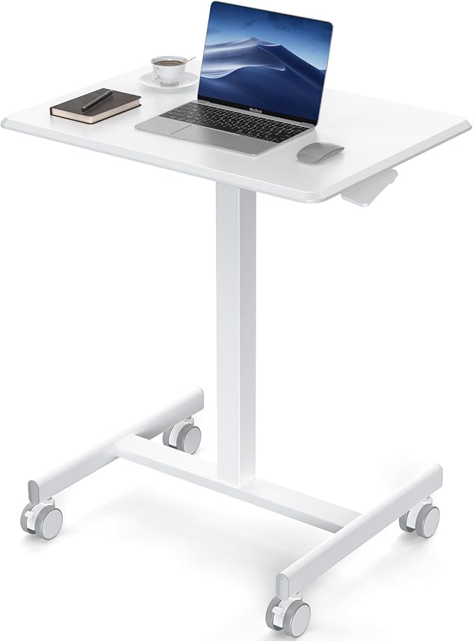 DUMOS Small Standing Desk Mobile Portable Rolling Laptop Desk on Wheels, Adjustable Height Table for Home Office, 19 Inch, Mroden White