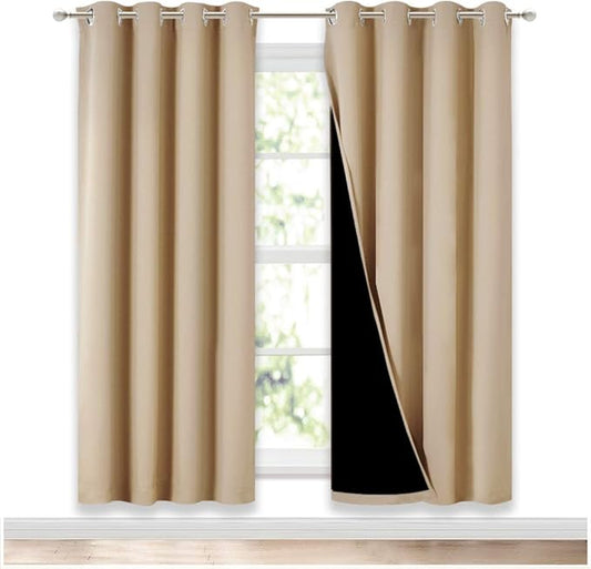 NICETOWN Living Room Completely Shaded Draperies, Privacy Protection & Noise Reducing Ring Top Drapes, Black Lined Insulated Window Treatment Curtain Panels(Biscotti Beige, 2 Pieces, W52 x L72)