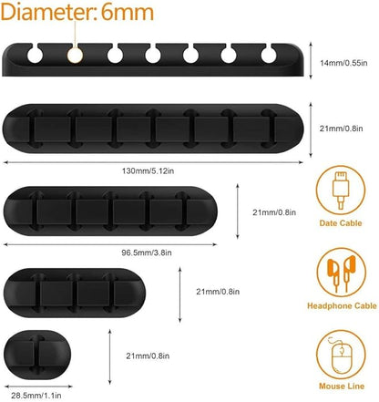 Cable Organizer Clips Cord Holder - 5 Packs Self Adhesive Cable Management for USB Cable/Power Cord/Wire, Car and Desk, Home and Office (7-5-3-1-1 Slots) Black Cord Organizer