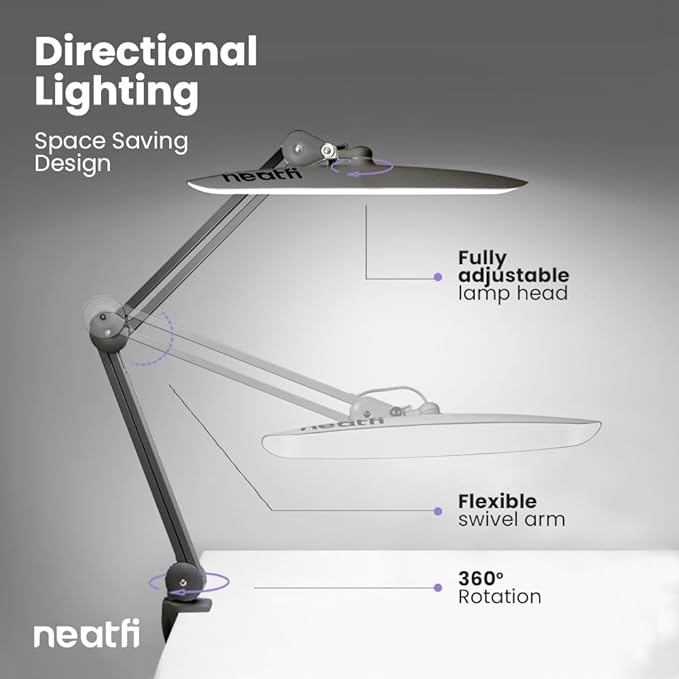 Neatfi XL 2,200 Lumens LED Desk Lamp with Clamp, 24W Bright Architect Task Lamp, 20 Inches Dimmable Computer Light, Adjustable Desk Light for Home, Office, Crafts, Nails & Hobbies (Non-CCT, Silver)