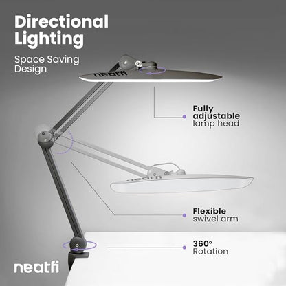 Neatfi XL 2,200 Lumens LED Desk Lamp with Clamp, 24W Bright Architect Task Lamp, 20 Inches Dimmable Computer Light, Adjustable Desk Light for Home, Office, Crafts, Nails & Hobbies (Non-CCT, Silver)