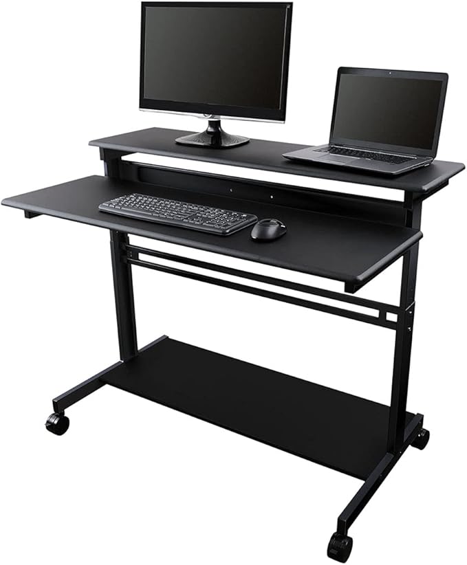 Stand Up Desk Store Rolling Adjustable Height Two Tier Standing Desk Computer Workstation (Black Frame/Black Top, 48" Wide)