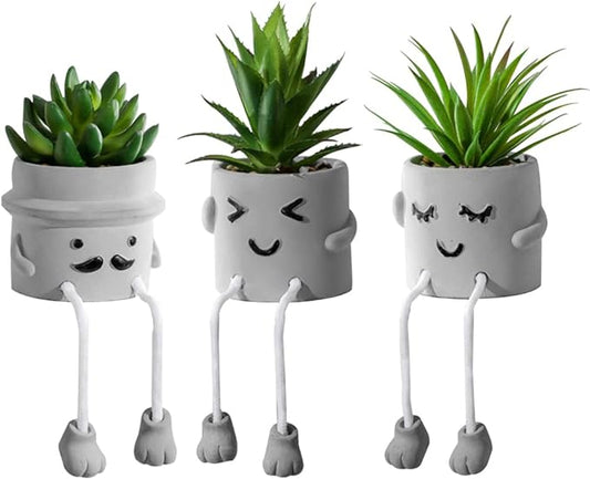 Zerzsy 3pcs Creative Artificial Succulents with Gray Flower Pots, Mini Potted Succulents for Home Office Desk Decor and Gift Choice