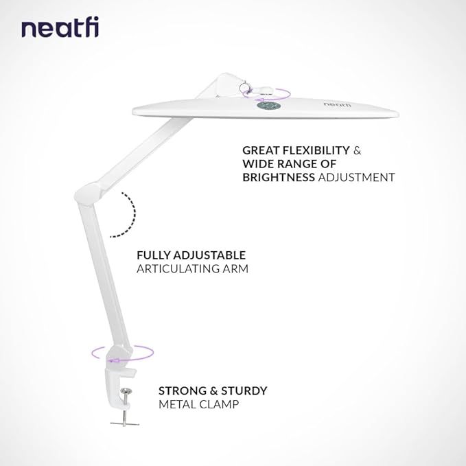 Neatfi Elite HD XL Task Lamp with Clamp, 3 Adjustable Light Modes, 22 Inches Wide, 2260 Lumens, 84PCS SMD LED, Super Bright Desk Lamp, Non-Polar Dimming (CCT with Clamp, White)