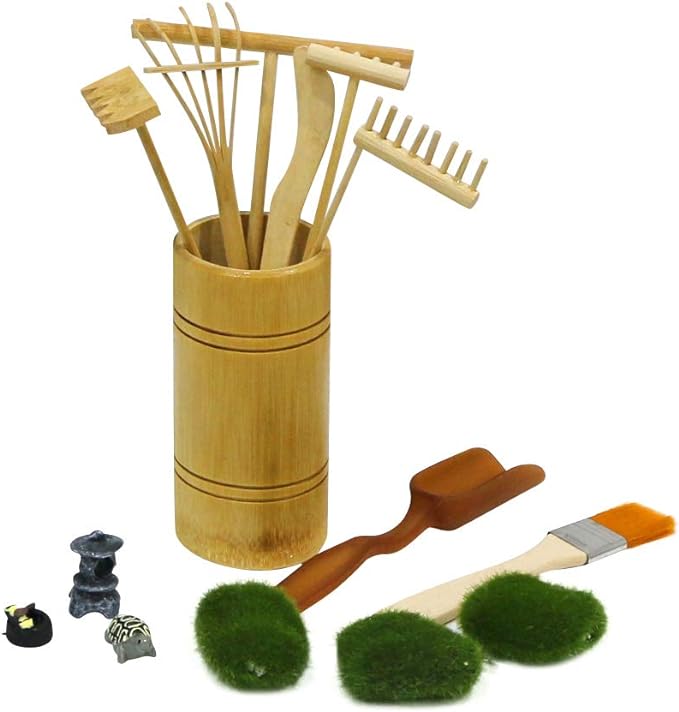 Mini Zen Garden Rake Tool - Tabletop Meditation Rock Sand Garden Kits with Moss Rakes Brusher Spoon Figurines Holder