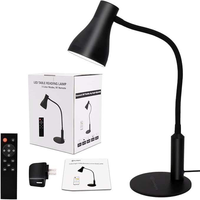 LED Desk Lamp, 3 Lighting Modes and 6 Brightness Levels, 10W Flexible Gooseneck Table Lamp for Living Room and Study, Remote Control with Timing Function, AC Adapter Included (Black)