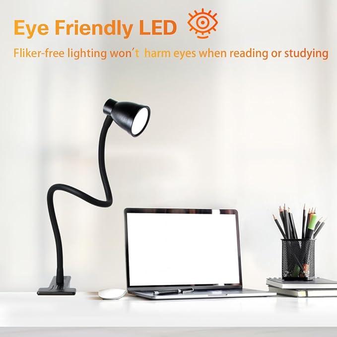 Clamp Desk Lamp, Clip on Reading Light, 3000-6500K Adjustable Color Temperature, 6 Illumination Modes, 10 Led Beads (Black)