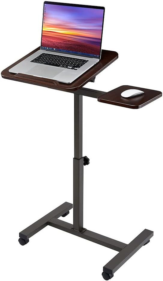 Seville Classics Solid-Top Height Adjustable Mobile Laptop Computer Desk Cart Ergonomic Home Office Stand Rolling Side Table, Tilt (28"), Walnut