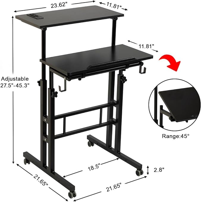 SIDUCAL Mobile Stand Up Desk, Adjustable Laptop Desk with Wheels, Home Office Workstation with USB Ports and Outlets, Rolling Desk Laptop Cart for Standing or Sitting, Black