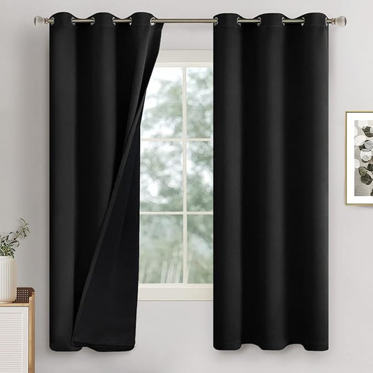 Black Blackout Curtains for Bedroom 63 Inch Length 2 Panels, Dark Bedroom Curtains Thermal Insulated 100% Room Darkening Light Blocking Soundproof Grommet Window Curtains, Each 42 Inch Wide