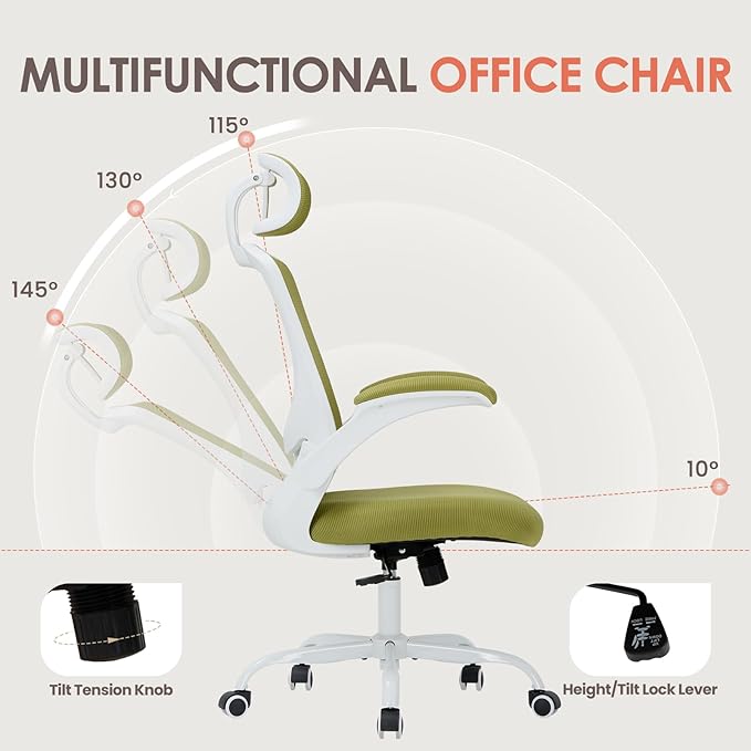 Ergonomic Mesh Office Chair, High Back Executive Desk Chair with Adjustable Headrest and Lumbar Support, Flip-Up Arms, Rocking, Swivel Rolling Computer Mesh Chair for Home Office-Green