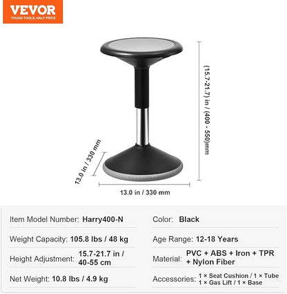 VEVOR Wobble Chair, Height-Adjustable (15.7-21.7") Active Chair, Flexible Seating Wobble Stool Made of PVC+ABS Improves Focus & Posture, Ideal for Schools, Office and Home, Age 12-18, Black