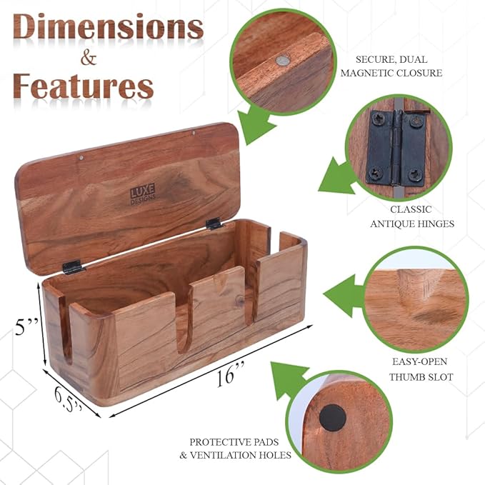 Cable Management Box & Cord Organizer- Cable Organizer for Desk, Home, Office. Hides Wires, Surge Protectors, Power Strips. Eco Friendly Mango Wood Cord Management Solution (Natural Acacia)