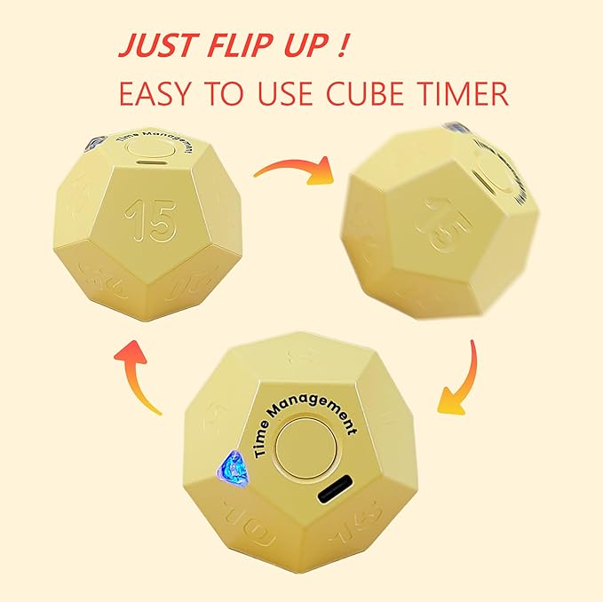 Cube Timer, Pomodoro Timer, Rechargeable Small Cute Timer, Timer for Kids and Classroom, Kitchen Timer for Cooking, Workout & Study Countdown Timer, Time Management Timer (Honey Yellow)