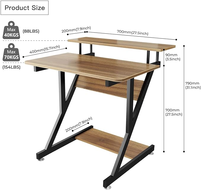 Dripex Computer Desk for Small Spaces, Z Shaped Small Computer Desk, 27.5 inch Compact Desk with Monitor Shelf and Bottom Storage Shelves, Space Saving Desk, Walnut