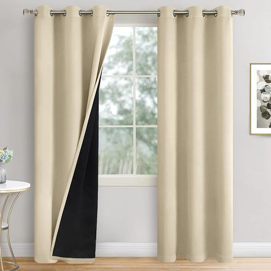 Beige Blackout Curtains 84 Inch Length 2 Panels Set for Living Room, Thermal Insulated 100% Room Darkening Light Blocking Soundproof Grommet Window Curtains with Black Liner, Each 42 Inch Wide