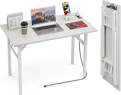 TEMI Small Computer Desk Folding Table - No Assembly, Compact 43.3" Foldable Desk with Power Outlets & USB Charging Port, Portable Small Office Desk, Ideal Mini Study Table for Small Spaces, White