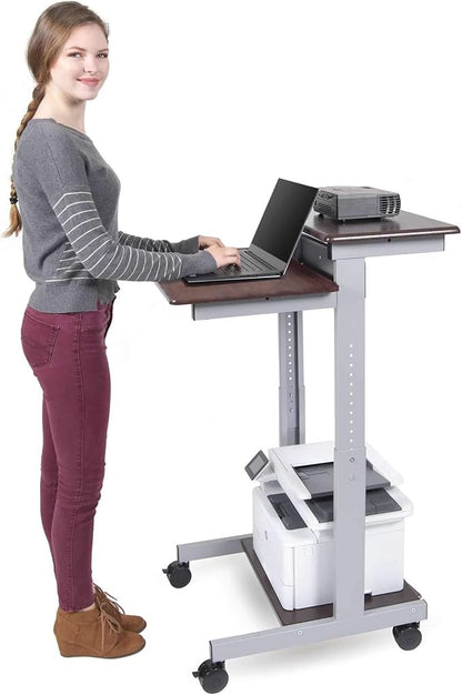 Stand Up Desk Store Rolling Adjustable Height Two Tier Standing Desk Computer Workstation (Silver Frame/Dark Walnut Top, 24" Wide)