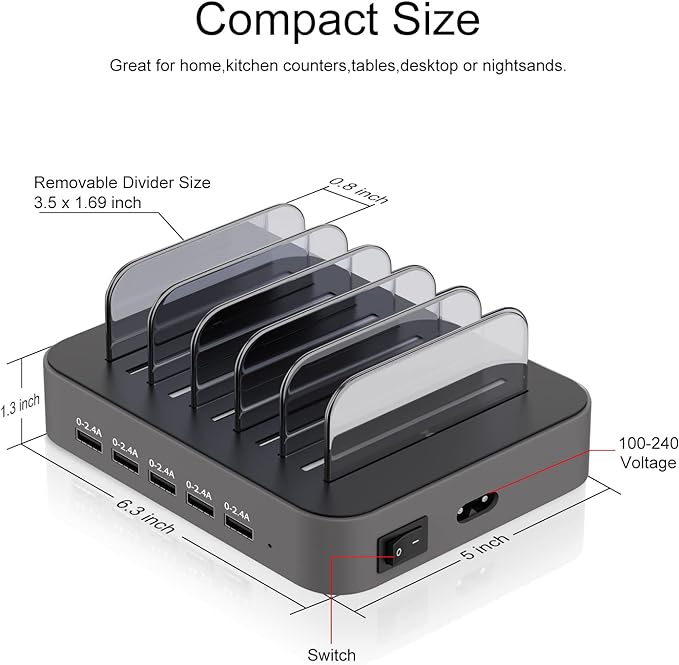 Charging Station for Multiple Devices, MSTJRY 5 Port Multi USB-A Charger Station with Power Switch Designed for iPhone iPad Cell Phone Tablets (Gray, 7 Mixed Short Cables Included)