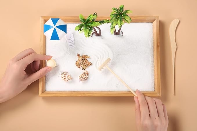 Japanese Zen Garden for Desk, Mini Small Beach Zen Garden Kit for Desk, Meditation Accessories Desktop Sandbox, Relaxing Claiming Gift for Man Women, White Sand with Wooden Tray, Z metnal, Not a Toy