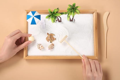 Japanese Zen Garden for Desk, Mini Small Beach Zen Garden Kit for Desk, Meditation Accessories Desktop Sandbox, Relaxing Claiming Gift for Man Women, White Sand with Wooden Tray, Z metnal, Not a Toy