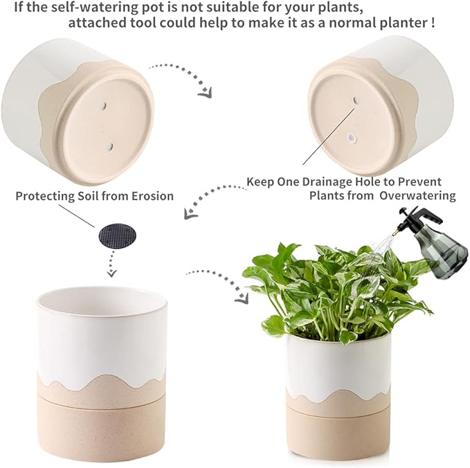 Nihow Self Watering Plant Pot: 6 Inch Ceramic Planter with Drainage Hole & Water Storage Plus for Indoor & Outdoor Plants - Cylinder Round Flower Pot for Succulent/Herbs/Violets - White & Nature