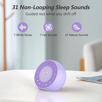 REACHER Sound Machine for Adult, Baby, 31 Non-looping Soothing Sounds, White/Brown/Pink Noise for Sleeping, 3 Auto-Off Timer, Loud Stereo Sound, 25-Level Volume, Memory Function, Travel(Purple)