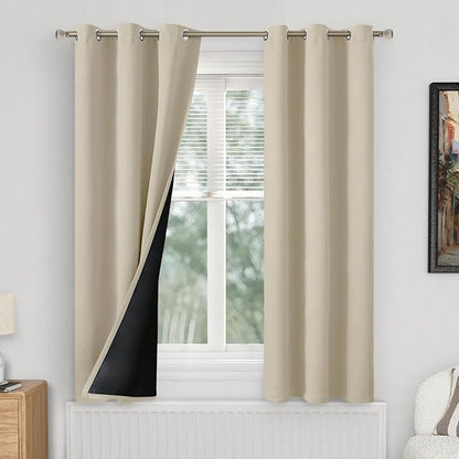 Beige Curtains for Bedroom 63 Inch Length 2 Panels Set, 100% Light Blocking Thermal Insulated Soundproof Grommet Curtains with Thick Black Liner for Narrow Window, Each 38 Inch Wide