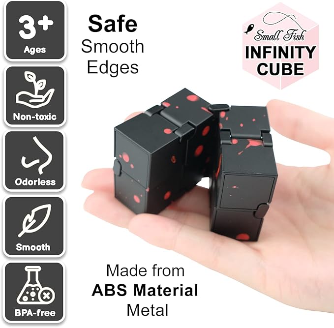 SMALL FISH Fidget Infinity Cube - Built-in Metal Never Ending Infinity Cube, Cool Sensory Infinite Fidget Toy for Stress and Anxiety Relief, Best for Adults and Kids with Autism,and ADHD (Black-Red)