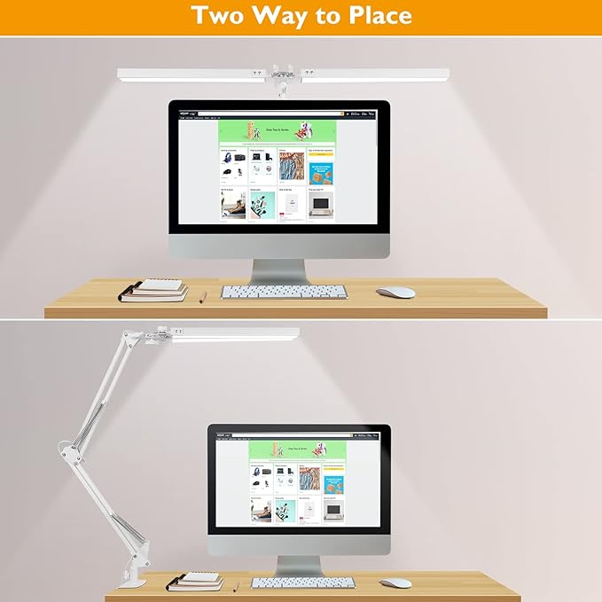 LED Desk Lamp with Clamp, Super Bright Double Head Desk Lamps for Home Office, 5 Color Modes, 10%~100% Dimmable Brightness, Architect Task Desk Light, Modern Swing Arm Workbench Desk Lighting