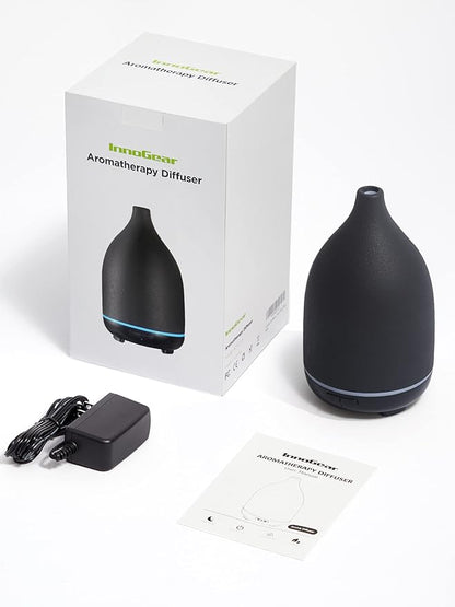 InnoGear Oil Diffuser, 150ML Ceramic Diffuser for Essential Oils Handcrafted Aromatherapy Diffuser Ultrasonic Cool Mist Humidifier with 2 Mist Modes Waterless Auto Off for Room Office, Black