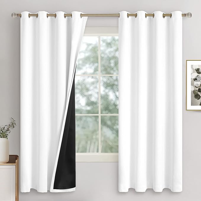 White Blackout Curtains 63 Inches Length 2 Panels Set for Bedroom, Thermal Insulated 100% Light Blocking Soundproof Grommet Window Curtains with Thick Black Liner, Each 52 Inches Wide