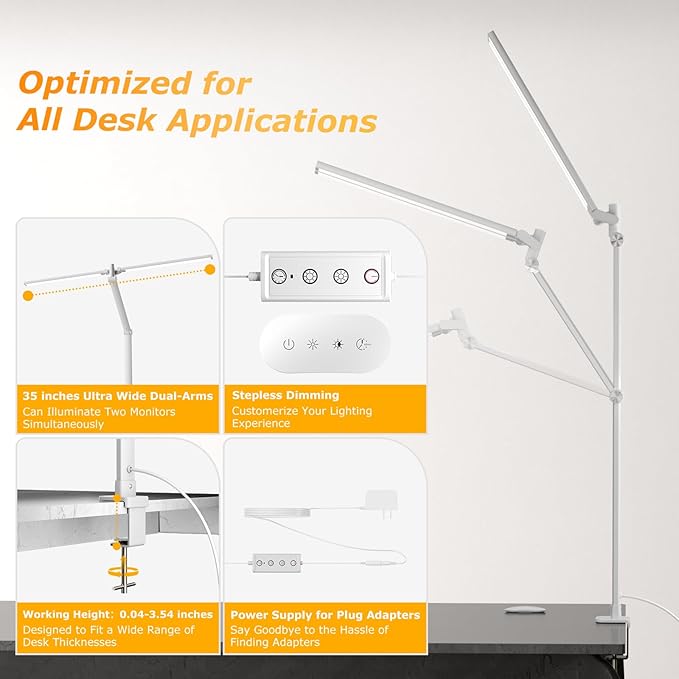 LED Desk Lamp, Double Swing Arm Wide Lighting Area Desk Lamps for Home Office with Stepless Dimming, Eye-Caring Architect Desk Light with Clamp for Reading, Study, Workbench, Drafting(White)