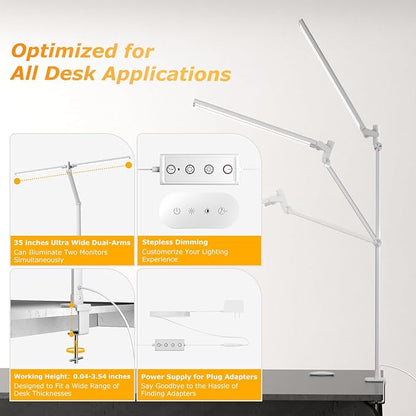 LED Desk Lamp, Double Swing Arm Wide Lighting Area Desk Lamps for Home Office with Stepless Dimming, Eye-Caring Architect Desk Light with Clamp for Reading, Study, Workbench, Drafting(White)