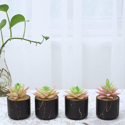 zenmag Mini Succulents Plants Artificial, Mini Succulents Plants Artificial in Black Ceramic Pots for Desk Office Livingroom Bathroom and Home Decoration Set of 4 Artificial Succulents