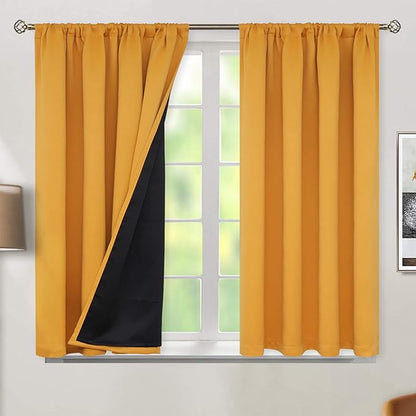 BGment 100% Blackout Curtains for Bedroom with Black Liner, Room Darkening Curtains Double Layer Noise Reducing Rod Pocket Window Curtains (52 x 54 Inch, Mustard, 2 Panels)