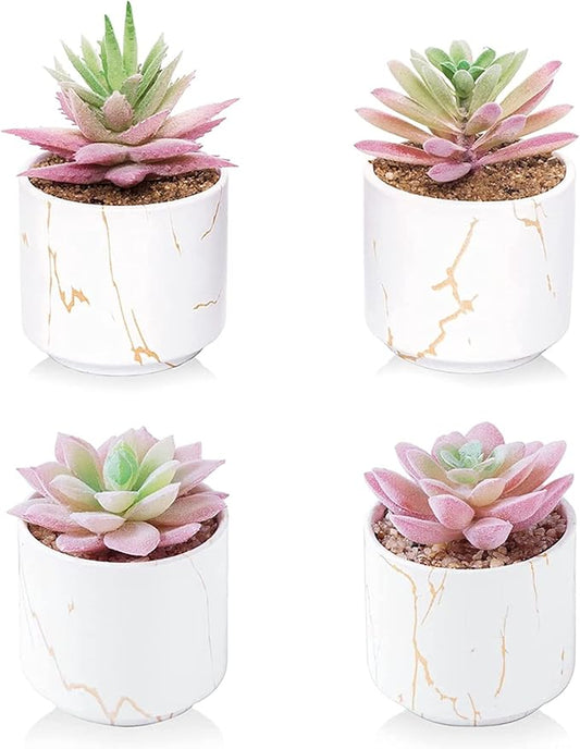 zenmag Mini Succulents Plants Artificial, Fake Succulents in White Ceramic Pots for Desk Livingroom Bathroom and Home Decoration Office Decor for Women Set of 4 Artificial Succulents