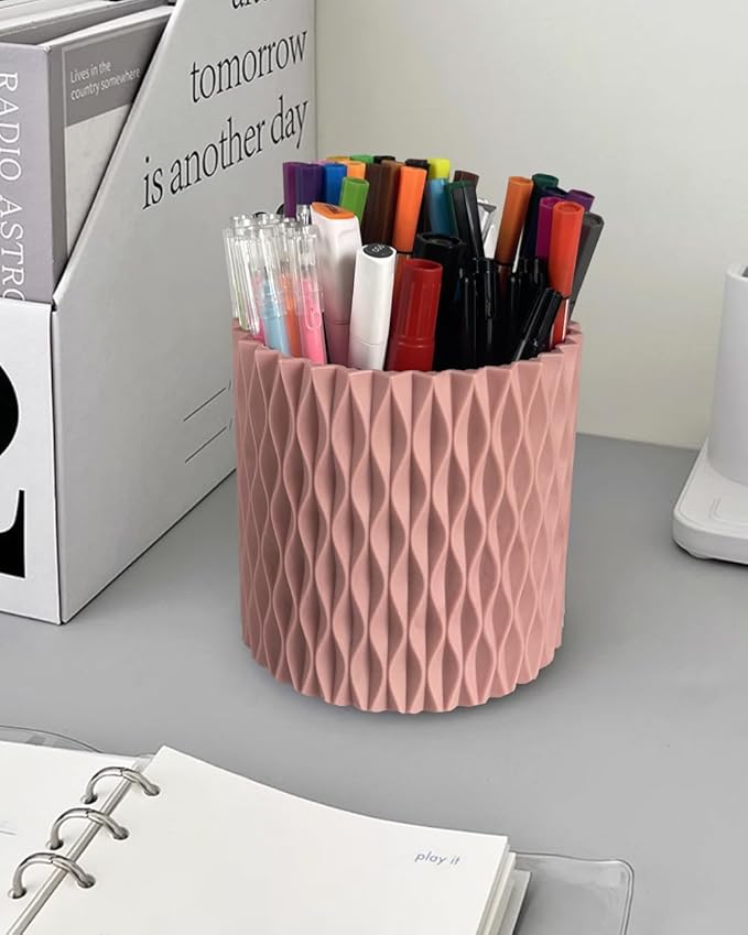 Rotating Pen Pencil Holder for Desk, 5 Slots Unique Pink Desk Pen Organizer Easthetic Desktop Supplies and Accessories for Women Girls, Pen Cup Pencil Caddy for Office Home Art Supply